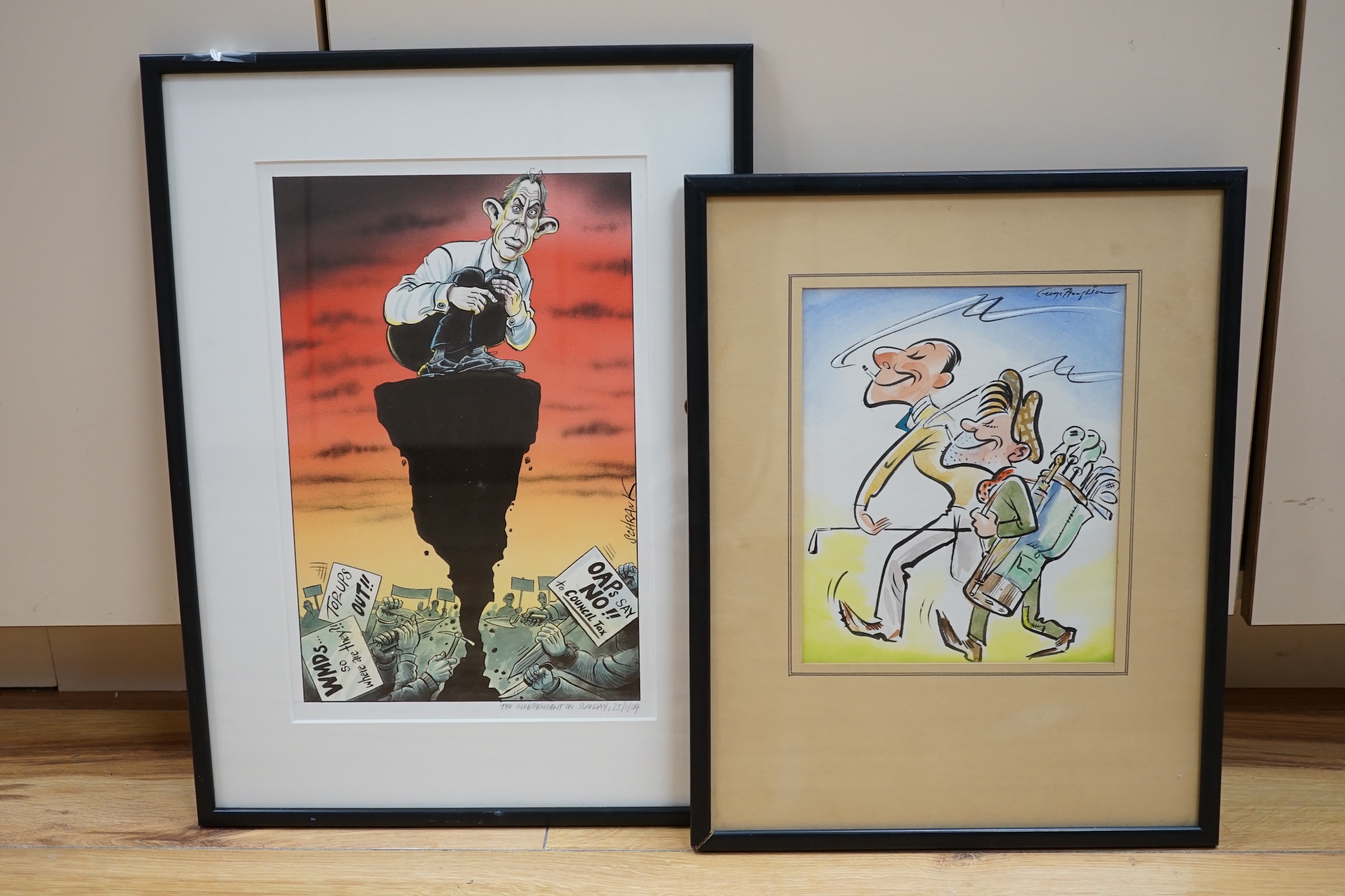 Two cartoons, comprising George Houghton (1905-1993), ink & watercolour for newspaper, Golfers, and Peter Schrank (b.1952), watercolour and mixed media, ‘The Independent on Sunday, 25/1/04, inscribed in pencil, 31 x 20cm
